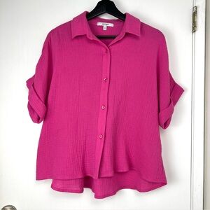 Sympli Crinkle Cotton Gauze Short Sleeve Shirt M Bright Pink Travel Summer